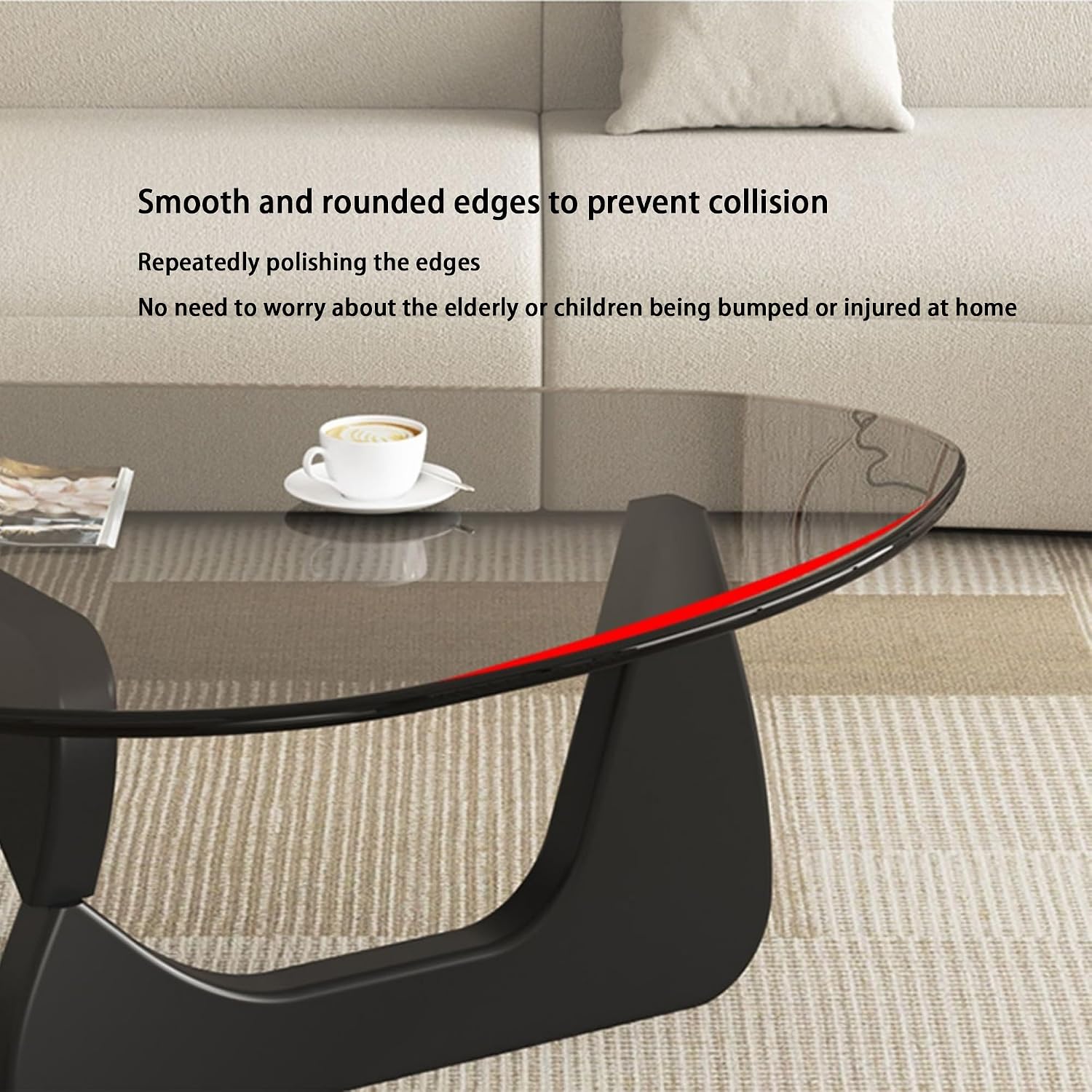 EASYSOUL Modern Glass Coffee Table, 44.88' D x 32.28' W x 15.75' H, Abstract Round Tea Tables for Living Room Home Office Industrial Cocktail Tables (Black-Gray Glass, 44.88')