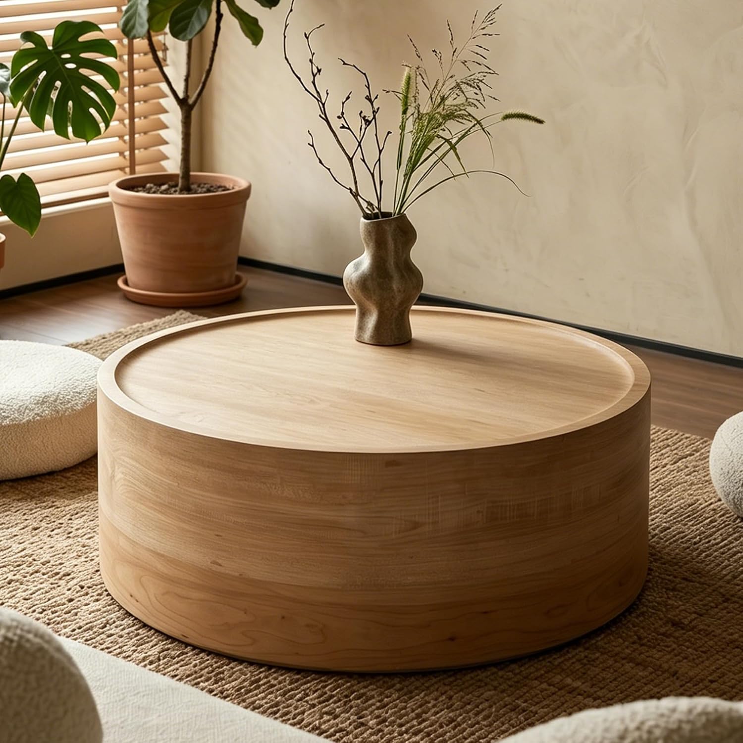 Modern Drum Coffee Table Natural Wood Color Coffee Tables Round Center Table for Living Room Home Office,31.5'- Fully Assembled