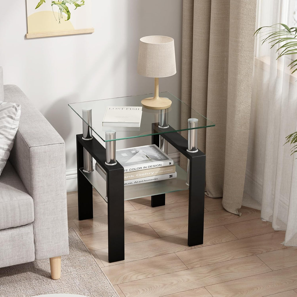 Glass Coffee Table Set of 3, 3-Piece Living Room Tables with Tempered Glass and Metal Frame, Coffee and End Table Sets, Clear