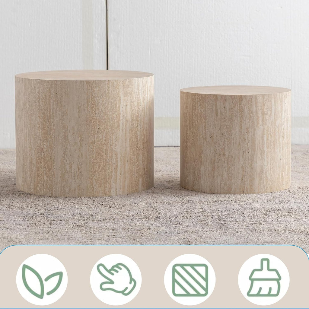 Nesting Coffee Table Set of 2 Wood Circle Drum Coffee Tables Set Round Fluted Coffee Tables for Living Room & Small Space (terrazzo)