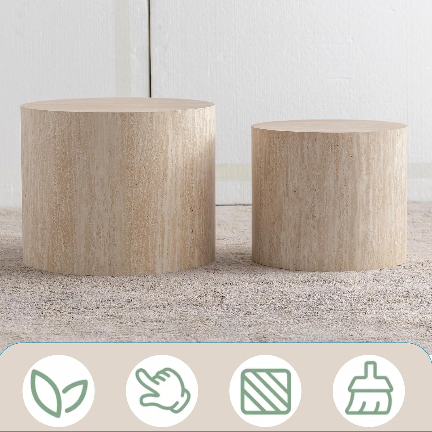 Nesting Coffee Table Set of 2 Wood Circle Drum Coffee Tables Set Round Fluted Coffee Tables for Living Room & Small Space (terrazzo)