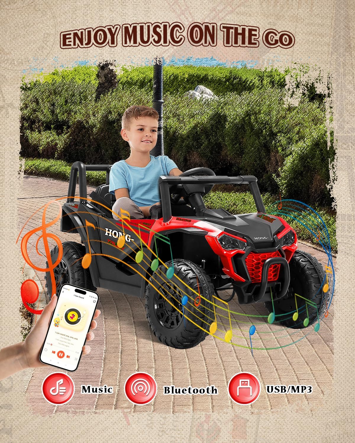 12V Kids Ride on Car, Battery Powered Electric UTV Truck with Parent Remote Control, Bluetooth, Music, LED Light, 3 Speeds, Soft Start, Safety Belt, Horn, Ride on Toys for Boy Girl (Red)