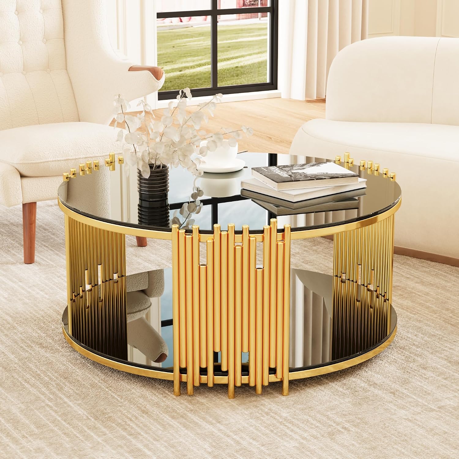 36'' Tempered Glass Round Coffee Table for Living Room, 2-Tier Modern Circle Coffee Table, Black Mirror Tabletop & Metal Drum Base, Easy Assembly, Black & Gold