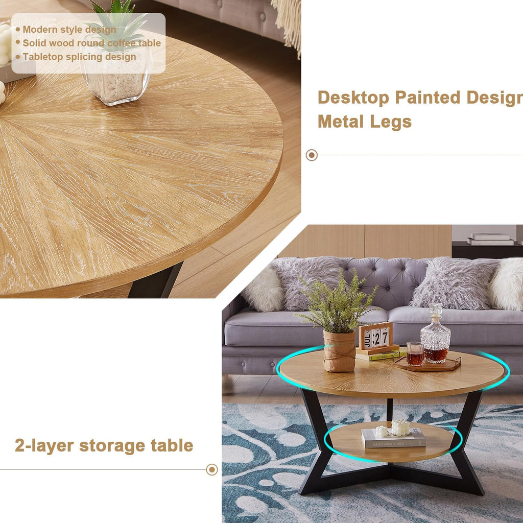 Round Coffee Table, Wood Circle Coffee Table with 2-Tier Storage, Center Table for Living Room Bedroom Office Apartment, Easy Assembly, 35'x 18'Inches, Light Brown
