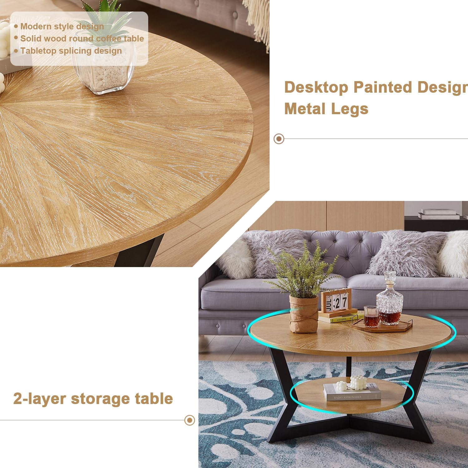 Round Coffee Table, Wood Circle Coffee Table with 2-Tier Storage, Center Table for Living Room Bedroom Office Apartment, Easy Assembly, 35'x 18'Inches, Light Brown