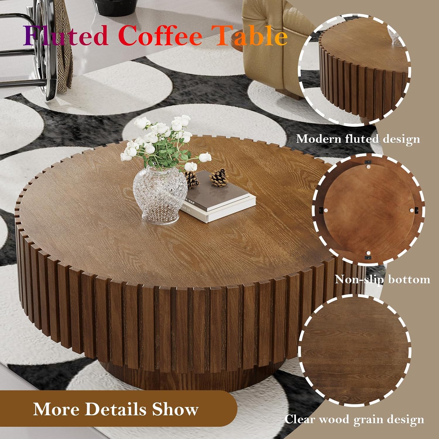 Round Fluted Coffee Table Mid Century Circle Center Tables for Living Room Chic Drum End Table for Small Space Easy Assembly (Round Walnut 31.5in)