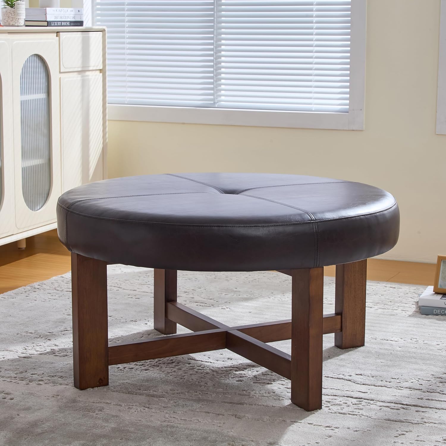 Christopher Knight Home Ladin Modern Round Ottoman Coffee Table, Faux Leather Cocktail Ottoman for Living Room Sofa, Entryway Comfortable Footstool, Wooden Ottoman Foot Rest, Dark Brown+Walnut