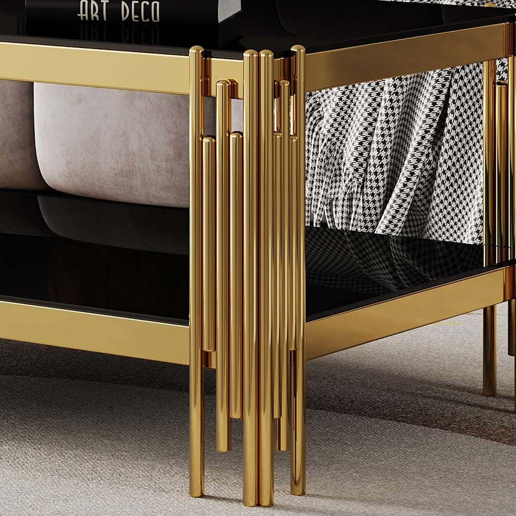 SSLine 2-Piece Living Room Table Set, Modern Black Glass Coffee Table with 1 End Table, Luxury Rectangle 2-Tier Storage Coffee Table Set with Gold Stainless Steel Frame for Living Room