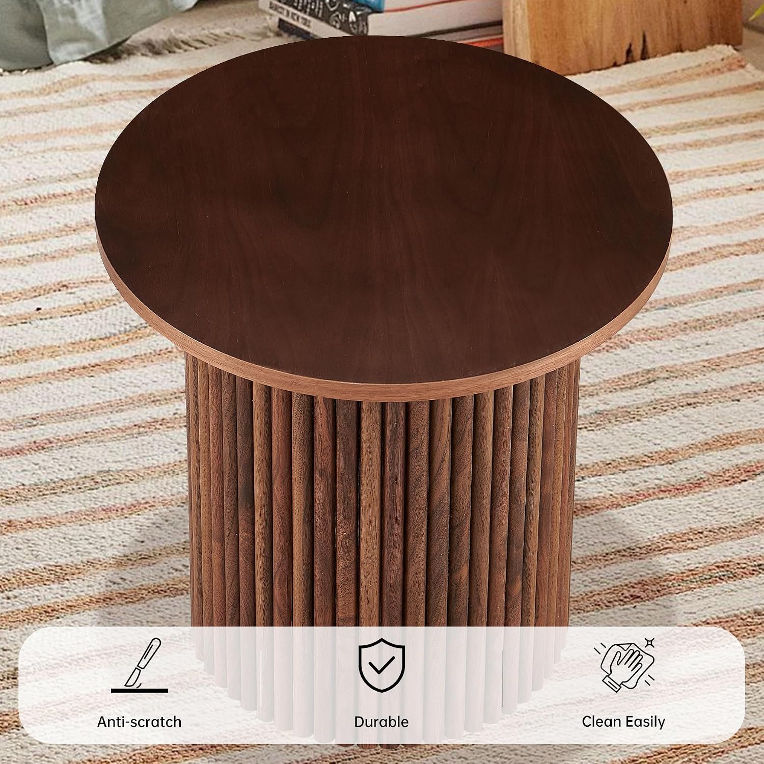 19 Inch Round End Table, Small Accent Pedestal Side Table, Wood Bedside Table for Living Room, Bedroom, Walnut Wood Veneer