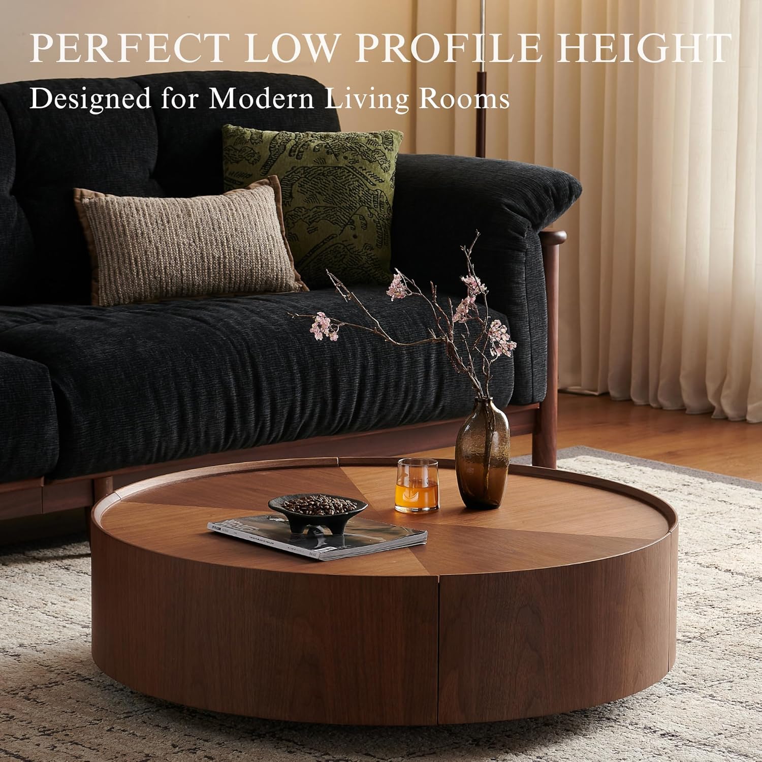 35.4' Round Drum Coffee Table with 2 Drawers, Modern Walnut Wood Storage Coffee Table, Low Profile Circle Cocktail Center Table for Living Room, No Assembly Required