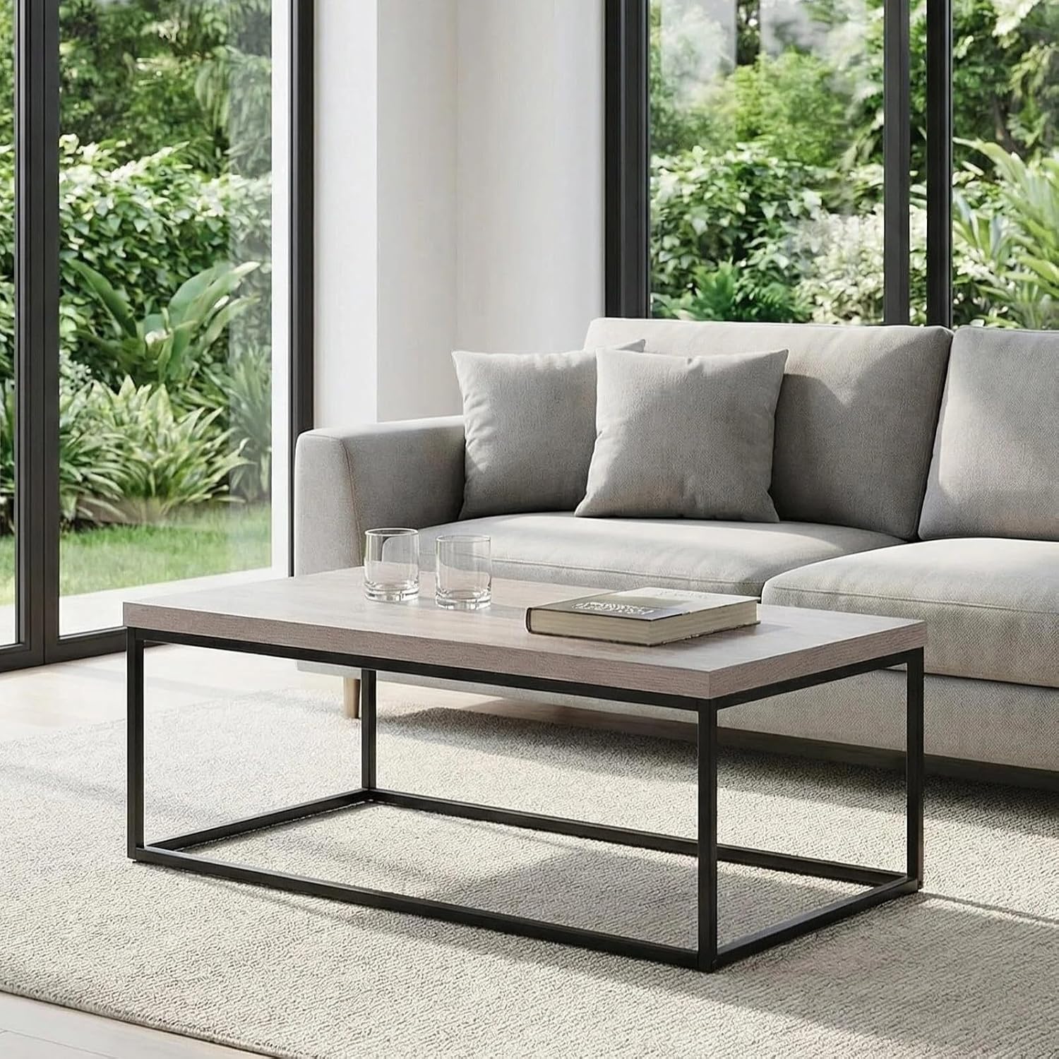 CENSI 47' Industrial Coffee Table, Rustic Grey French Oak Finish, Extra Thick 1.6' Wood Top, Sturdy Metal Frame, Modern Farmhouse Rectangular Cocktail Center Table for Living Room, Easy Assembly