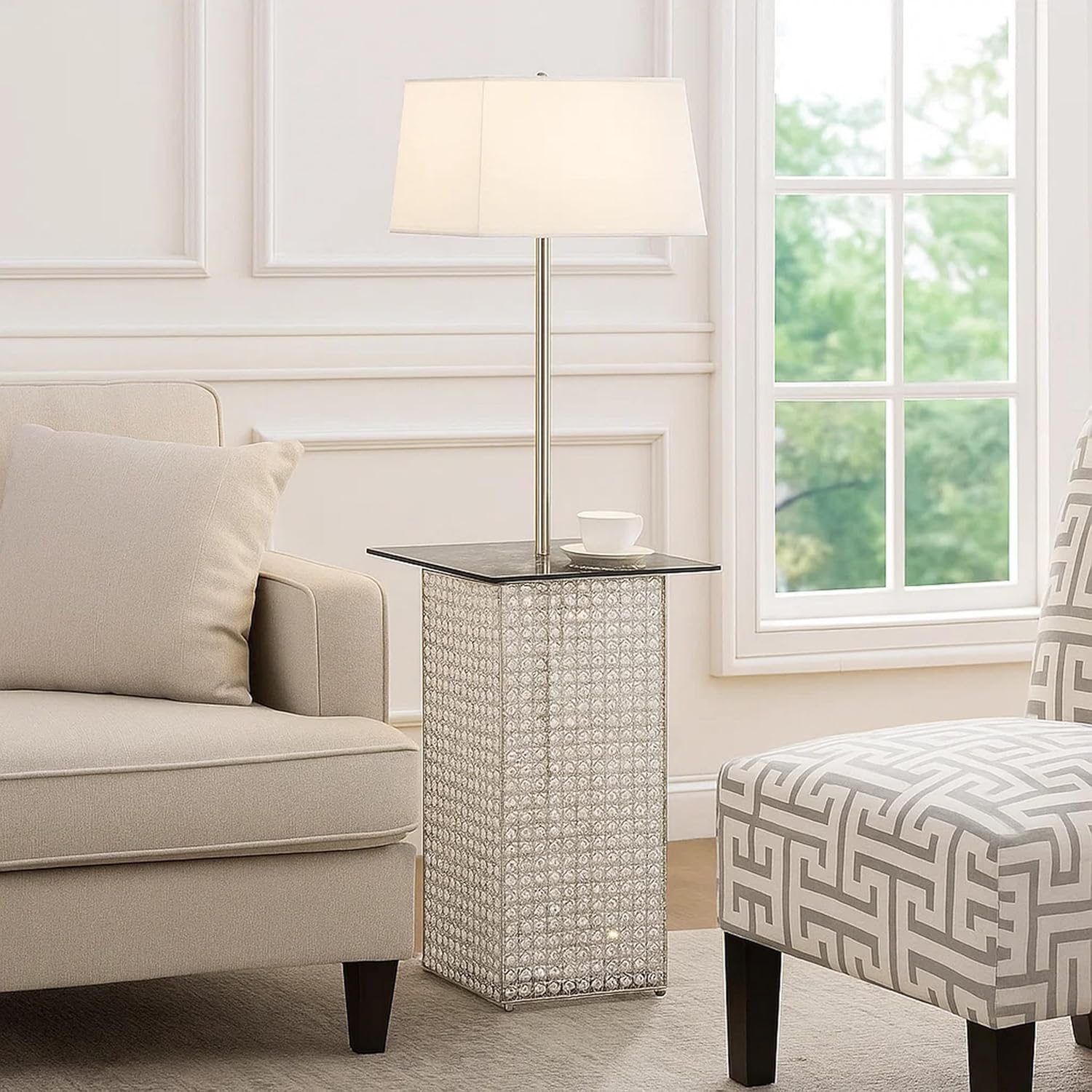 Benjara 59 Inch Floor Lamp with Glass Tabletop, Crystal Stand, Metal, White, Chrome and Clear