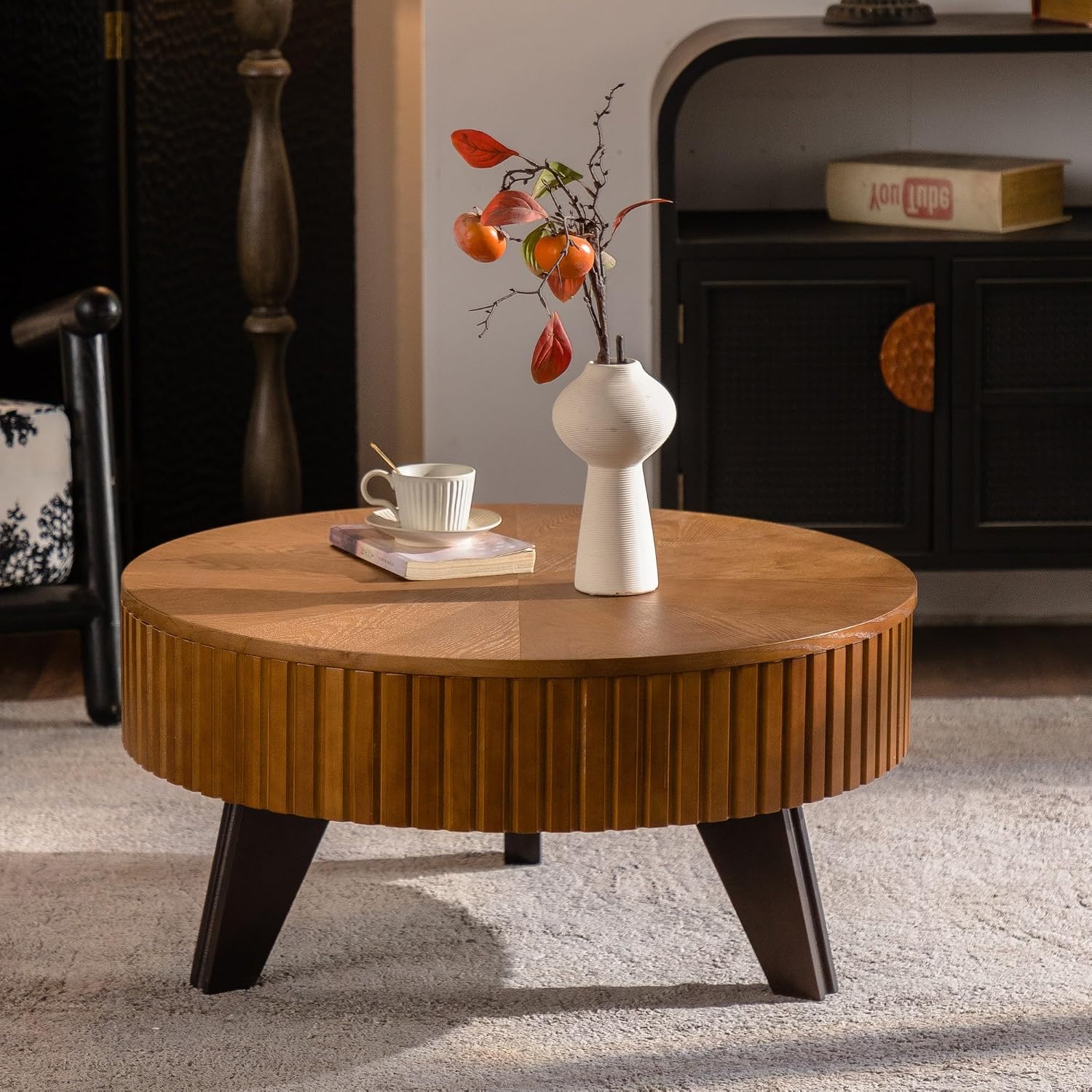 Setawix 31.5' Round Coffee Table with Storage Space, Small Side Tea End Table for Living Room, Wooden Rustic Coffee Table, Storage Entry Way Table, Natural