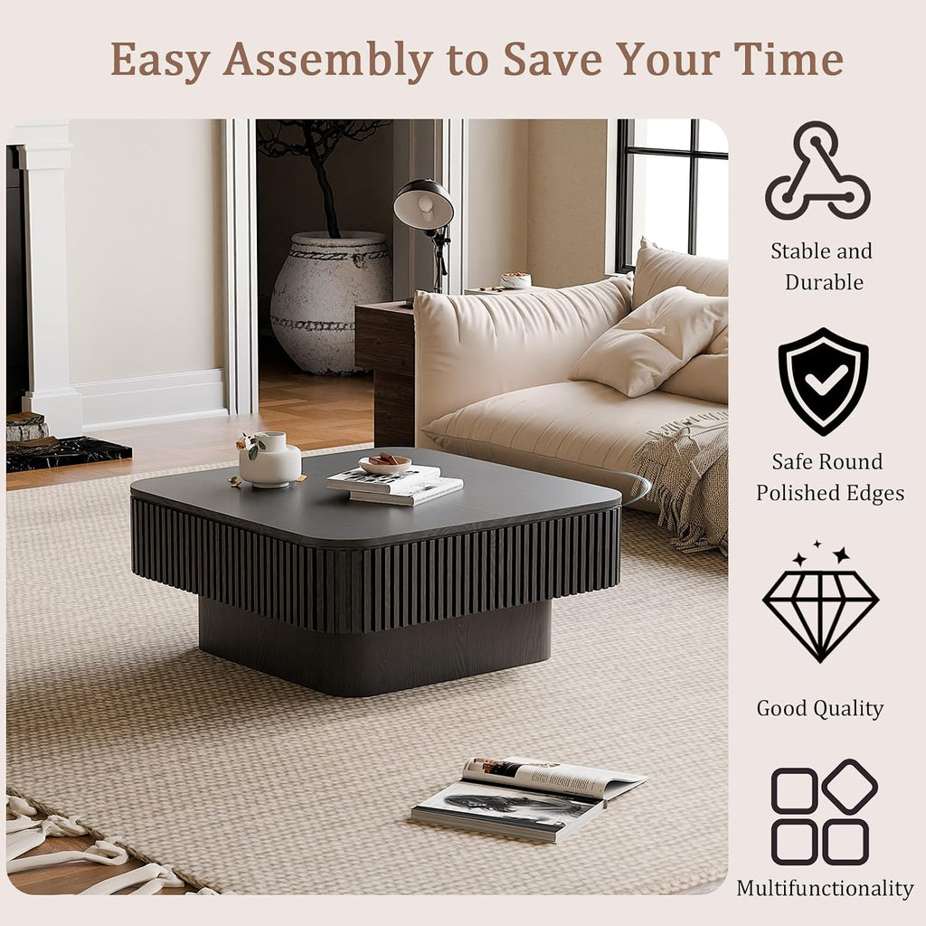 31.5' Square Coffee Table with Hidden Storage Compartment, Modern Handcraft Fluted Drum Coffee Table, Wooden Square Center Table Cocktail Tea Table with Sturdy Pedestal for Living Room, Black