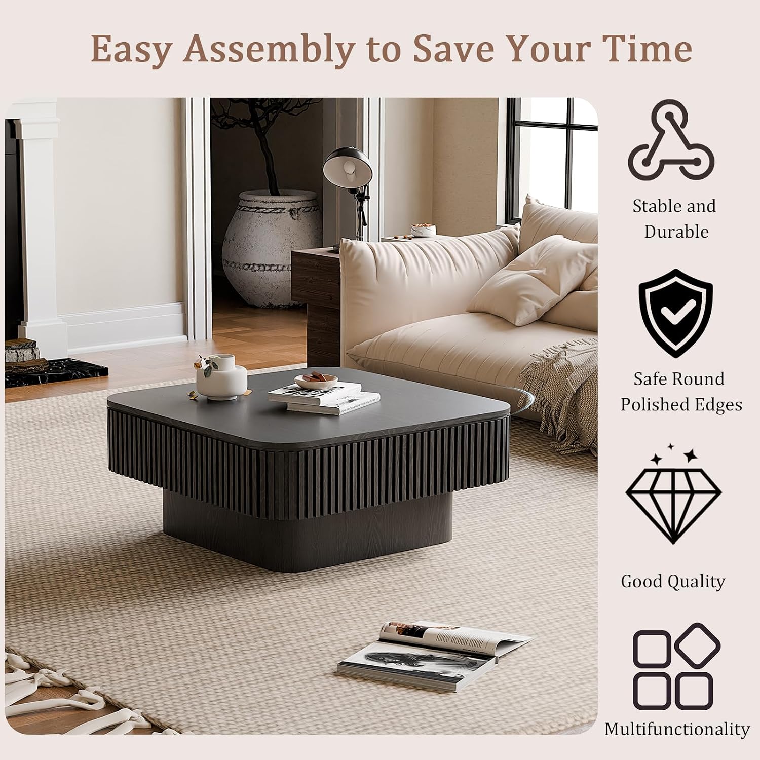 31.5' Square Coffee Table with Hidden Storage Compartment, Modern Handcraft Fluted Drum Coffee Table, Wooden Square Center Table Cocktail Tea Table with Sturdy Pedestal for Living Room, Black