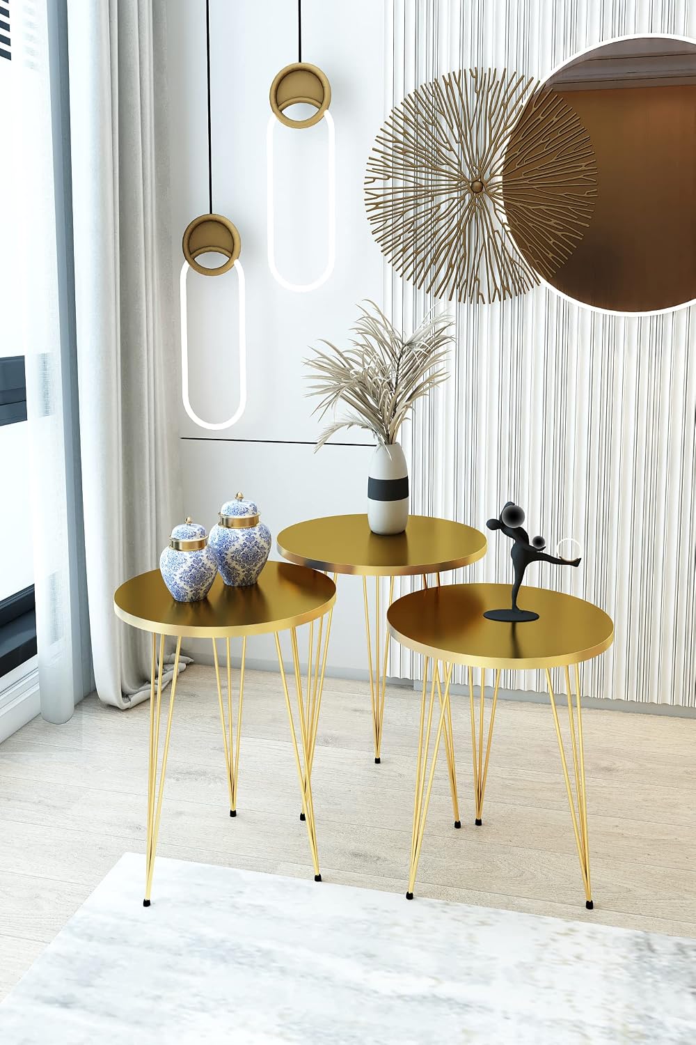 Set of 3 High Gloss Gold Nesting End Tables Round Wood Stacking Coffee Side Accent Table with Metal Legs for Living Room, Home Office, Nightstands for Bedroom