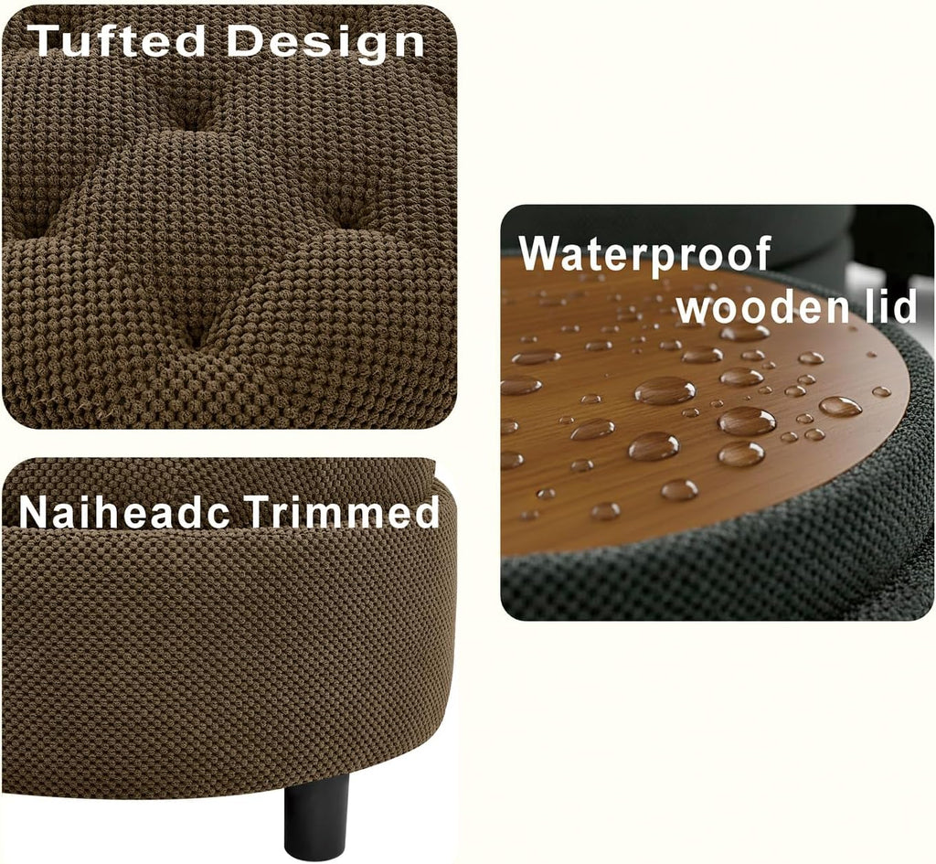 Round Storage Ottoman with Reversible Tray Lid, 25' Upholstered Button Tufted Coffee Table with Storage Foot Rest Stool for Living Room, Bedroom, Entryway, Coffee