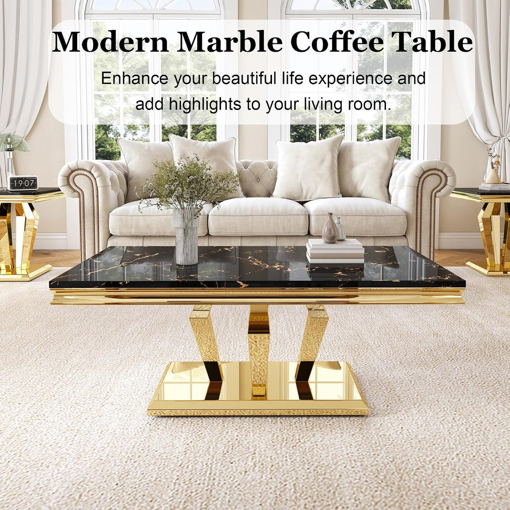Modern Marble Coffee Table, 47' Living Room Table with Diamond-Shape Stainless Steel Base and Thickened Faux Marble Top for Living Room, Bedroom, Lounge (Gold,Black)