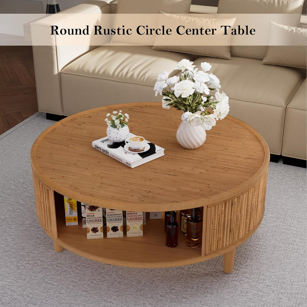 30.5' Round Coffee Table with Storage, Rustic Circle Center Table with Bamboo Woven Tabletop and 3 Anti-Skid Solid Wood Legs for Small Space Easy Assemble (B 30.5in)