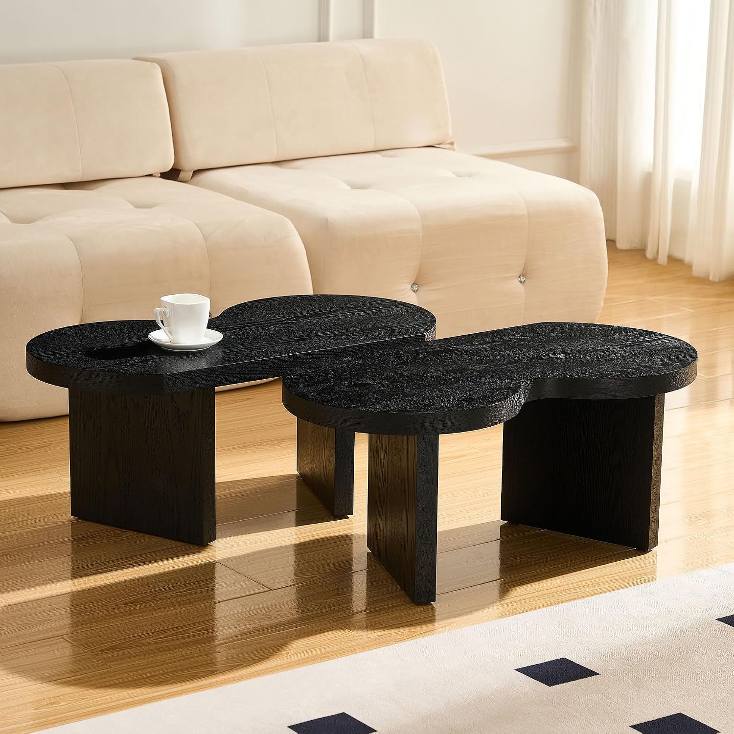 Modern Nesting Coffee Table Set of 2, Natural Wooden Coffee Table for Living Room, Small Center Table End Table Sets with Rustic Wood Grain for Bedroom Office Cafe Black 31.5' W x13.77 H
