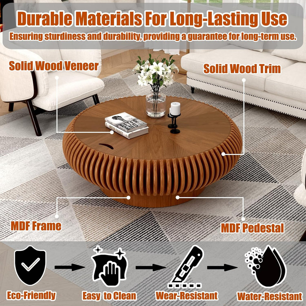 39.37'' Round Drum Coffee Table with Hidden Storage, Modern Fluted Coffee Tables with Solid Wood Veneer, Wooden Circle Center Table for Living Room, Small Spaces, and Apartments, Easy Assembly