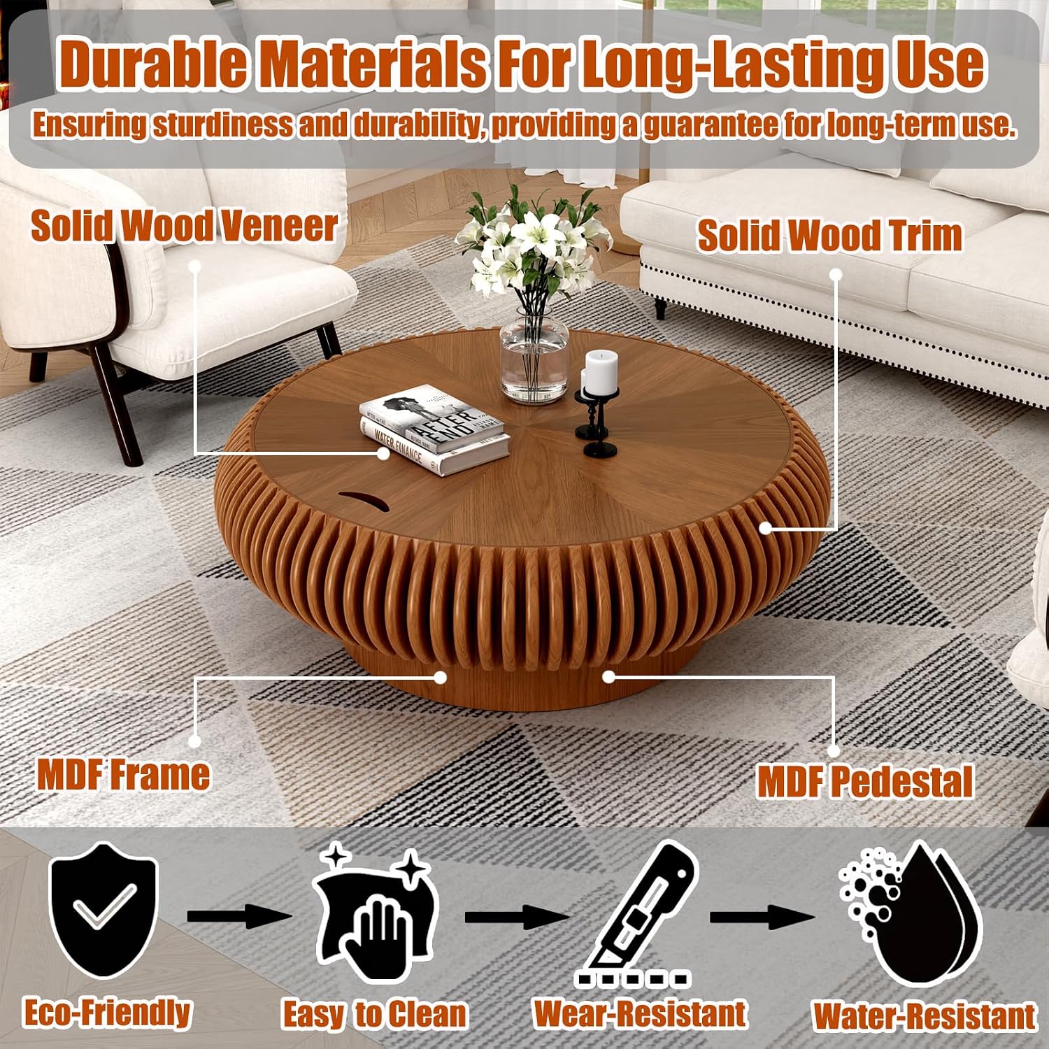39.37'' Round Drum Coffee Table with Hidden Storage, Modern Fluted Coffee Tables with Solid Wood Veneer, Wooden Circle Center Table for Living Room, Small Spaces, and Apartments, Easy Assembly