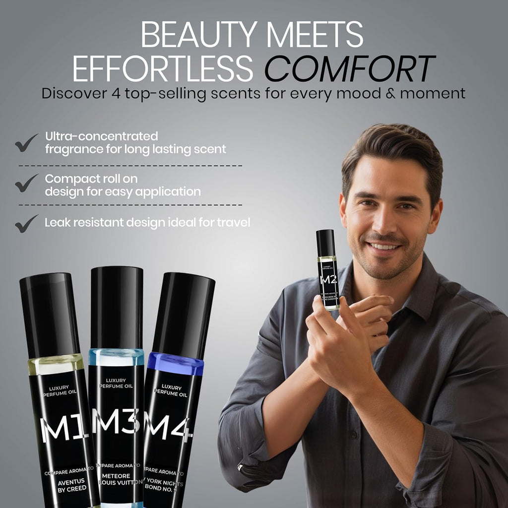 M Series Perfume Oil Gift Set for Men – Top 4 Iconic Roll-On Fragrance Oil Formulas Based on Iconic Luxury Scents - Luxury Long-Lasting Men's Cologne, Travel-Friendly 10ml Each