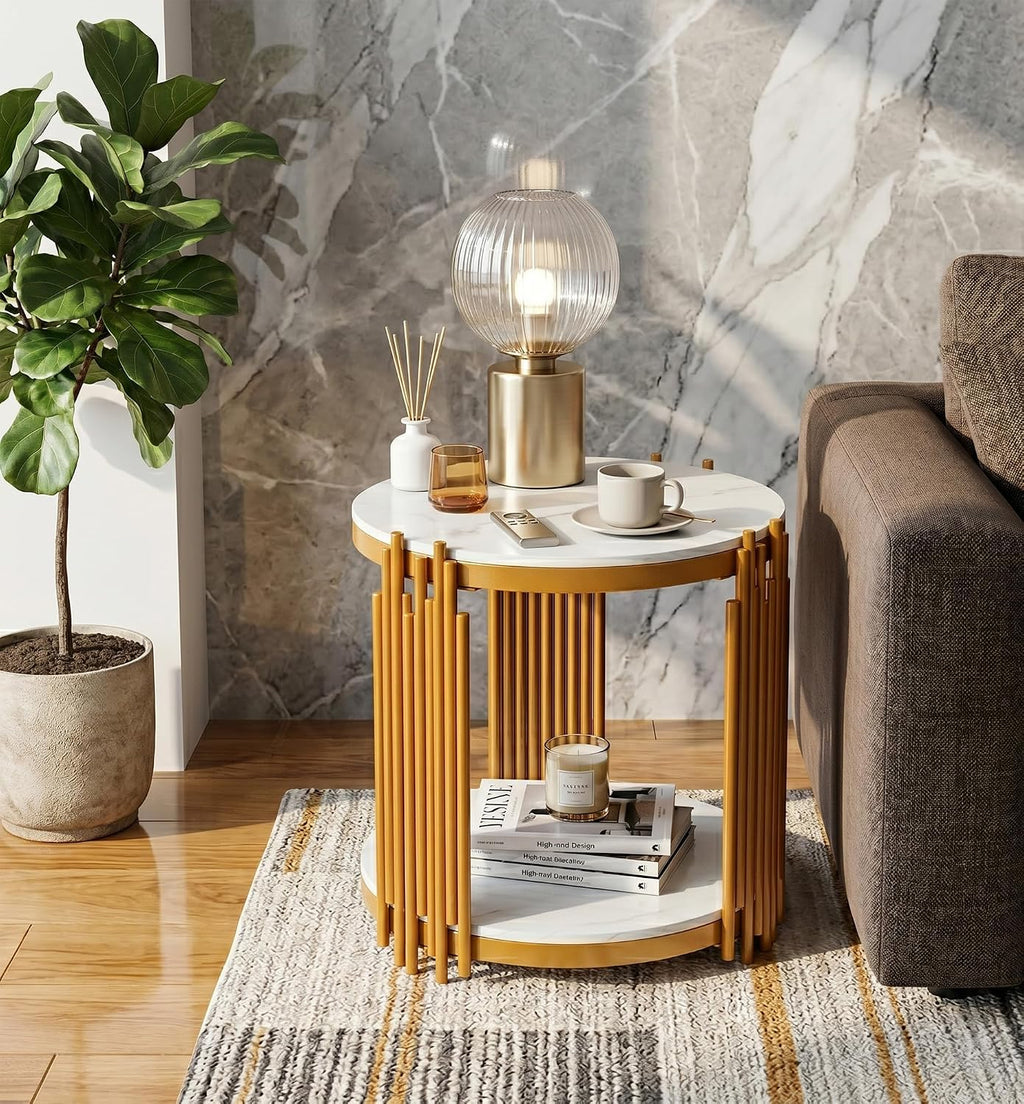 Round Marble Side Table Set of 2 Luxury 2-Tier End Table with Gold Metal Frame Modern Living Room Table Elegant White Nightstand Sofa Side Table with Storage Shelves
