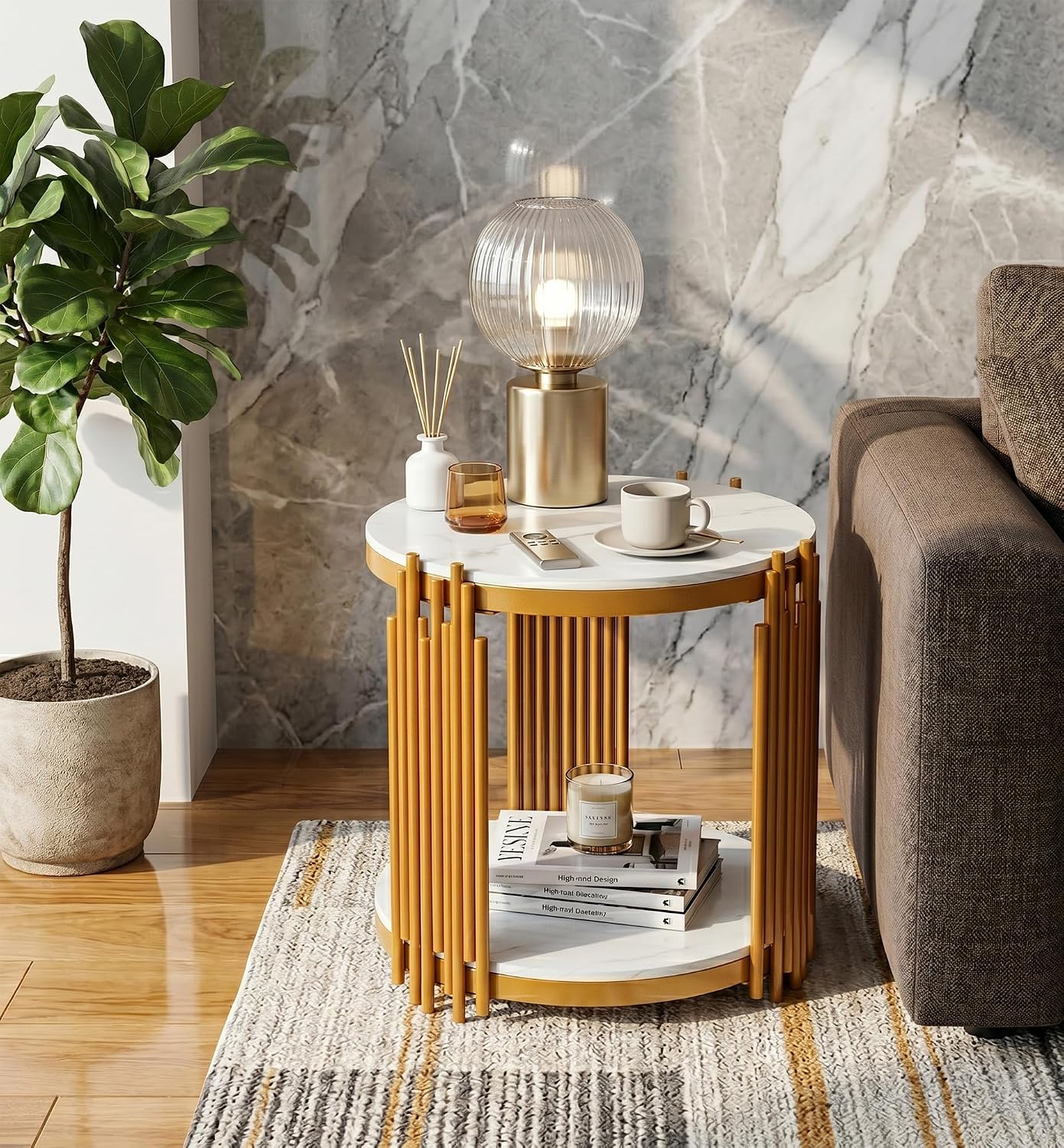 Round Marble Side Table Set of 2 Luxury 2-Tier End Table with Gold Metal Frame Modern Living Room Table Elegant White Nightstand Sofa Side Table with Storage Shelves