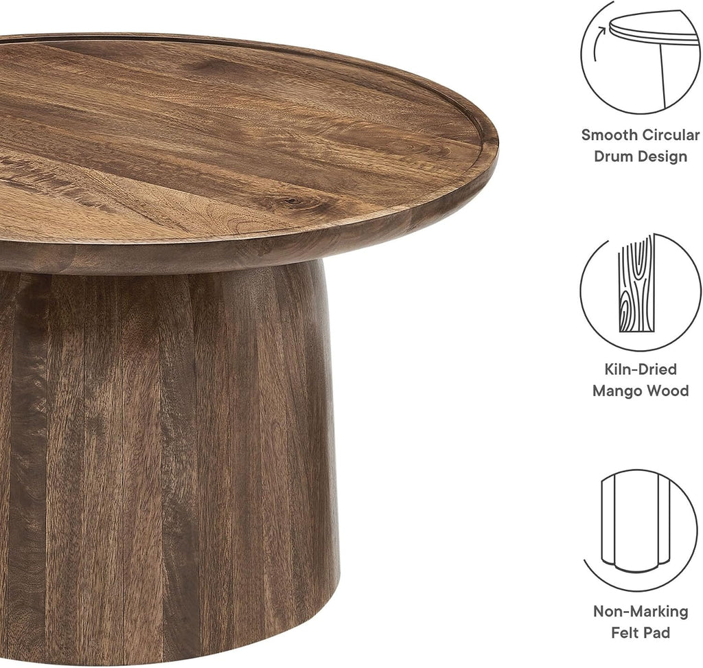 Modway Holloway 30 Inch Round Mango Wood Coffee Table in Walnut – Contemporary Circle Drum for Living Room – Mid-Century Modern Table with Solid Tabletop