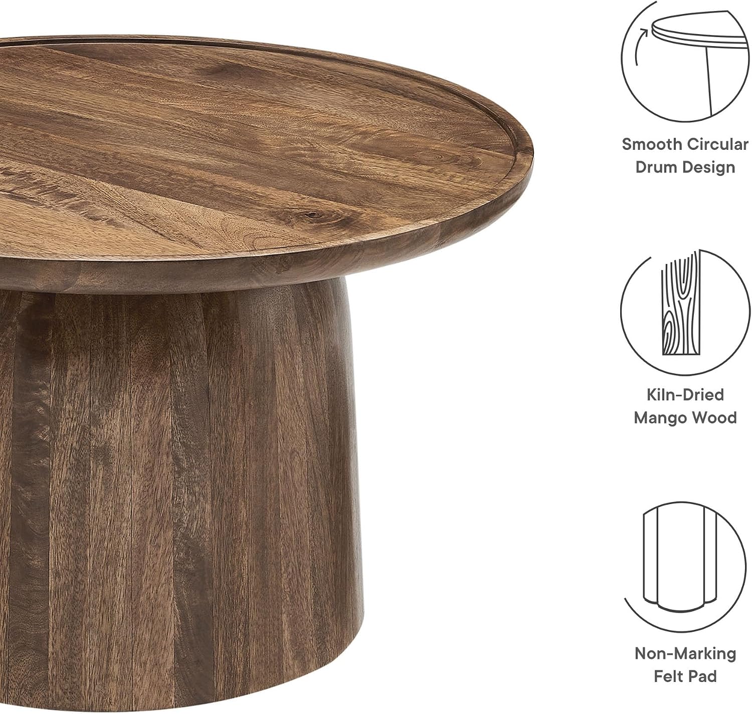 Modway Holloway 30 Inch Round Mango Wood Coffee Table in Walnut – Contemporary Circle Drum for Living Room – Mid-Century Modern Table with Solid Tabletop