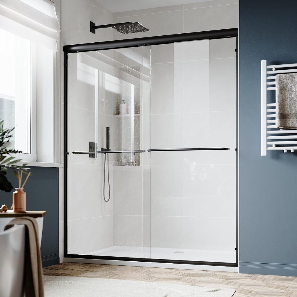 SUNNY SHOWER Double Sliding Glass Door 48' W x 72' H Shower Door 1/4' Tempered Glass Sliding Door Semi-Frameless Shower Glass Enclosure Bypass Walk in Shower Cabin, Matte Black
