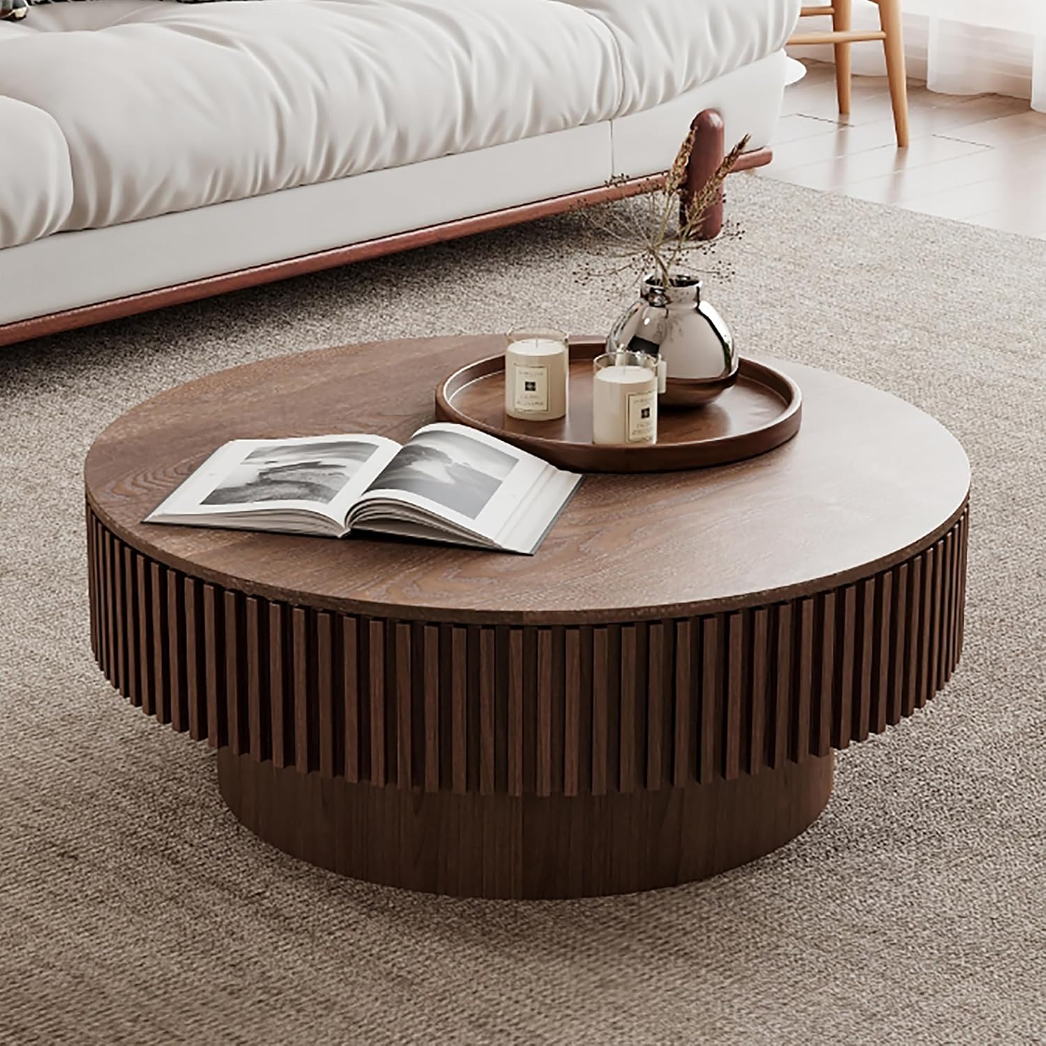 31.5x31.5x14 Inch Round Coffee Table with Storage for Living Room, Modern Wooden Circle Center Table with Solid Wood Veneer, Walnut