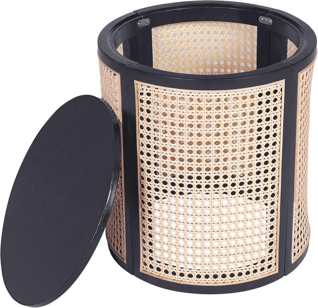 Christopher Knight Home Aurl Lift Top Round End Table with Storage, Modern Side Table with Woven Rattan Details, Wooden Small Coffee Table for Living Room, Round Storage Ottoman, Black