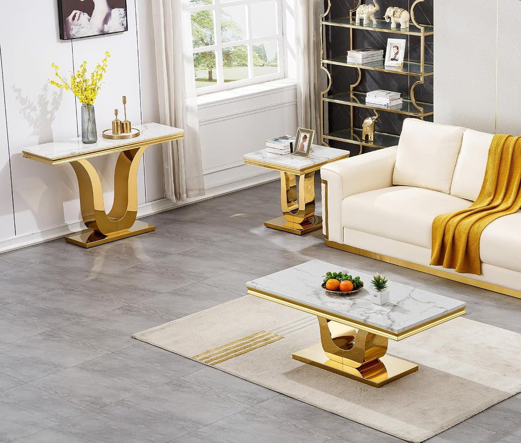 Marble Coffee Tables Set of 3, Modern White Marble Living Room Table Set with Gold Stainless Steel Base, Rectangle Coffee End Tables and Console Table Sets for Living Room Bedroom
