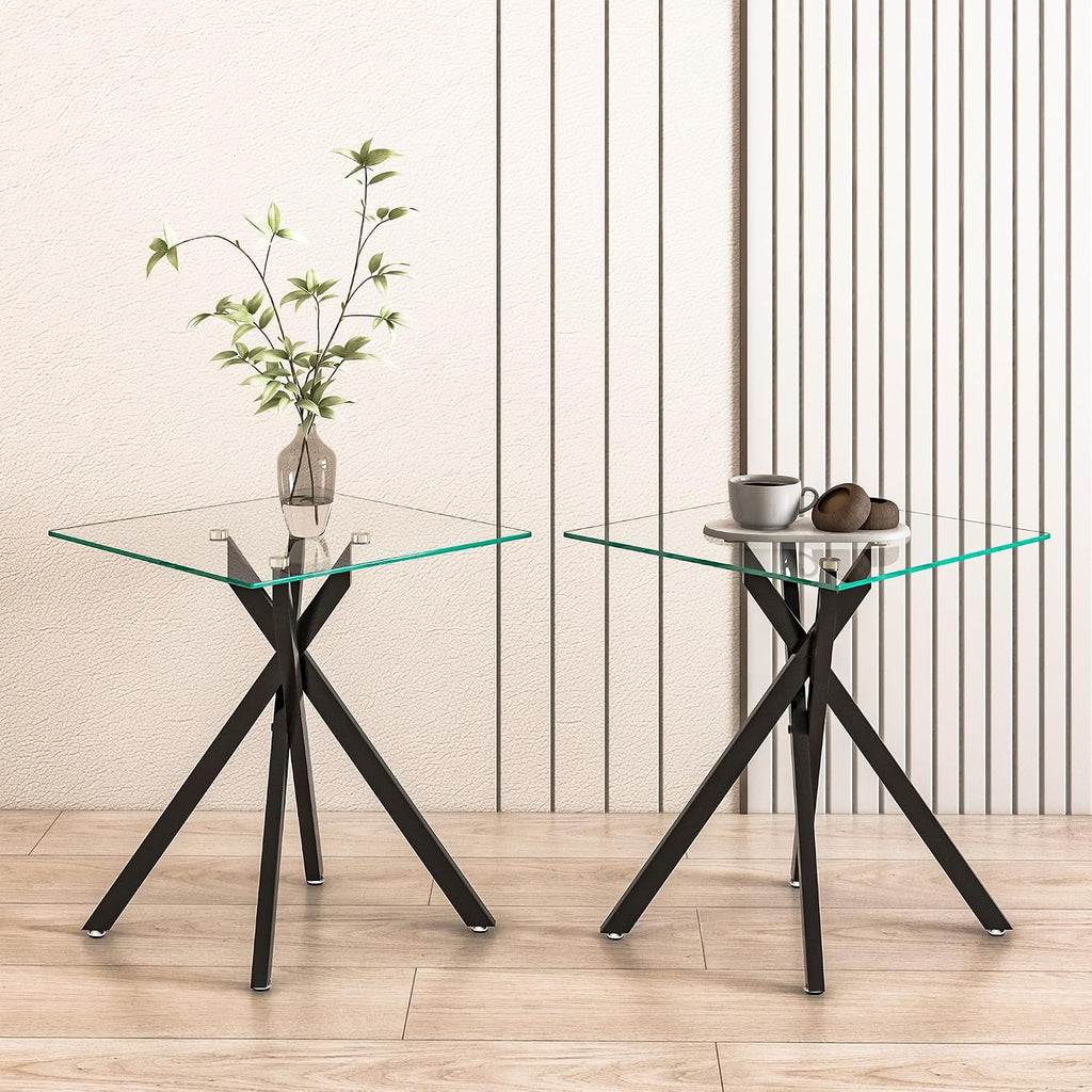 Glass 3 Piece Living Room Table Set,Glass Coffee Table and End Table Sets,Accent Table Sofa Table Sets with X-Designed Metal Legs and Tempered Glass Tabletop for Living Room Furniture (3, Black)