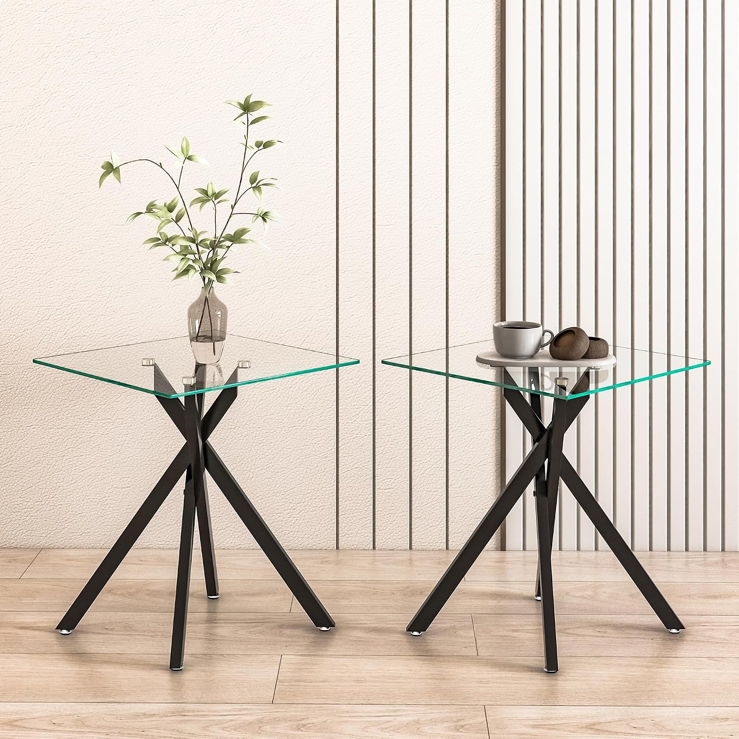 Glass 3 Piece Living Room Table Set,Glass Coffee Table and End Table Sets,Accent Table Sofa Table Sets with X-Designed Metal Legs and Tempered Glass Tabletop for Living Room Furniture (3, Black)