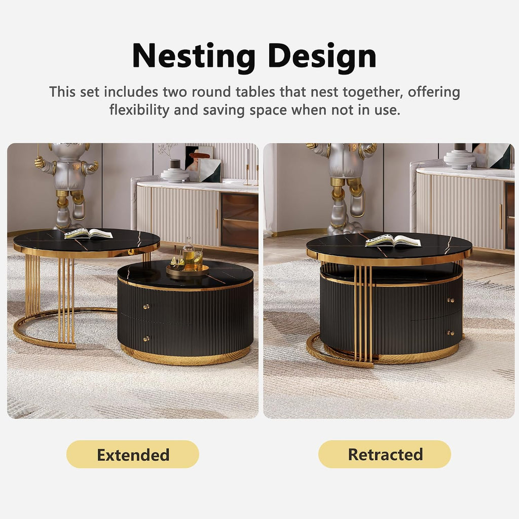 Modern 2 Pieces Round Nesting Coffee Table with Drawers(Black,27.6'+23.6')