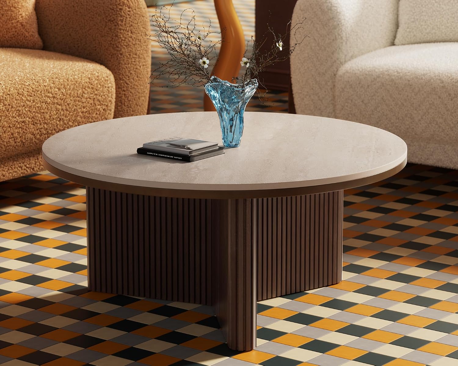 Morden Fort Round Coffee Table for Living Room, Faux Marble Coffee Table Sintered Stone Top & Solid Fluted Wood Base Modern Coffee Circle Table for Apartment Living Room Porch - 33'' Beige Top