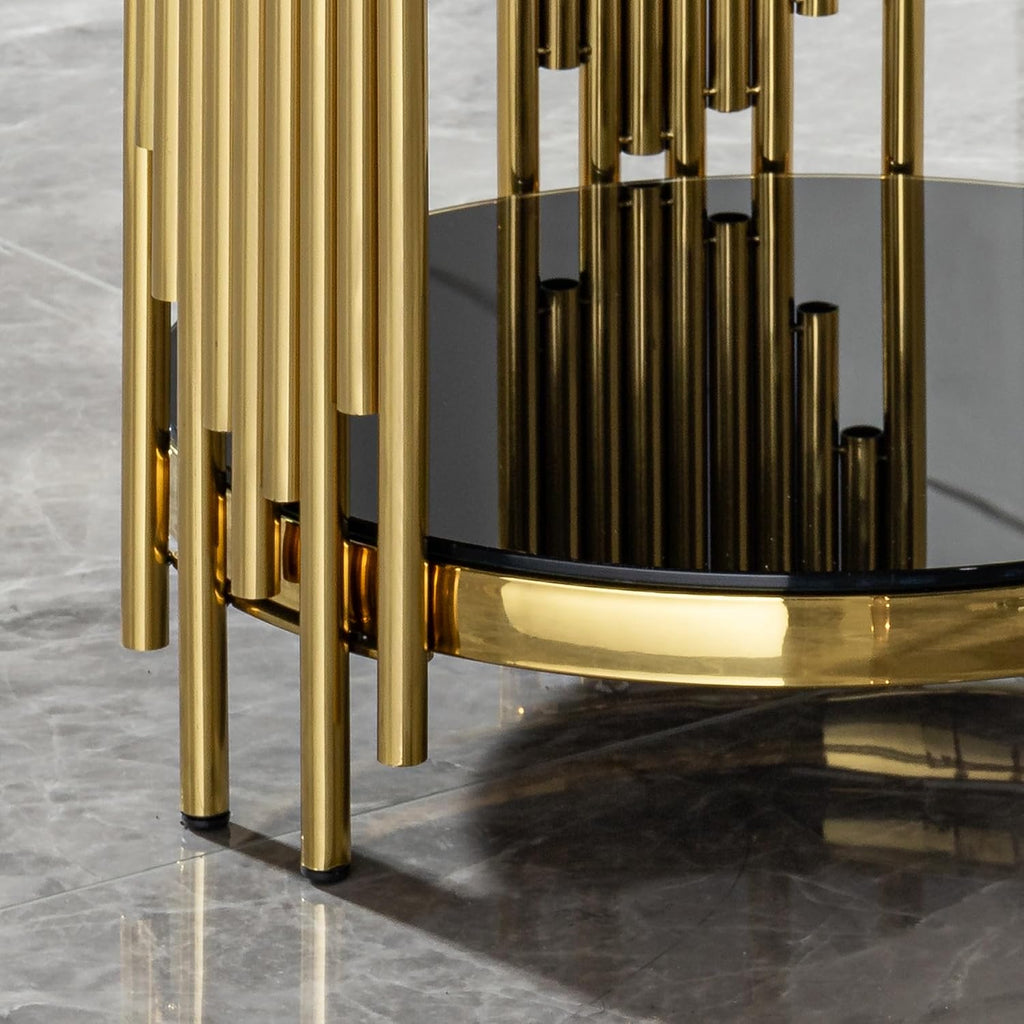 17.72'' Tempered Glass Side Table for Living Room, 2-Tier Modern Circle End Table, Glass Tabletop & Stainless Steel Frame, Easy Assembly, Black & Gold