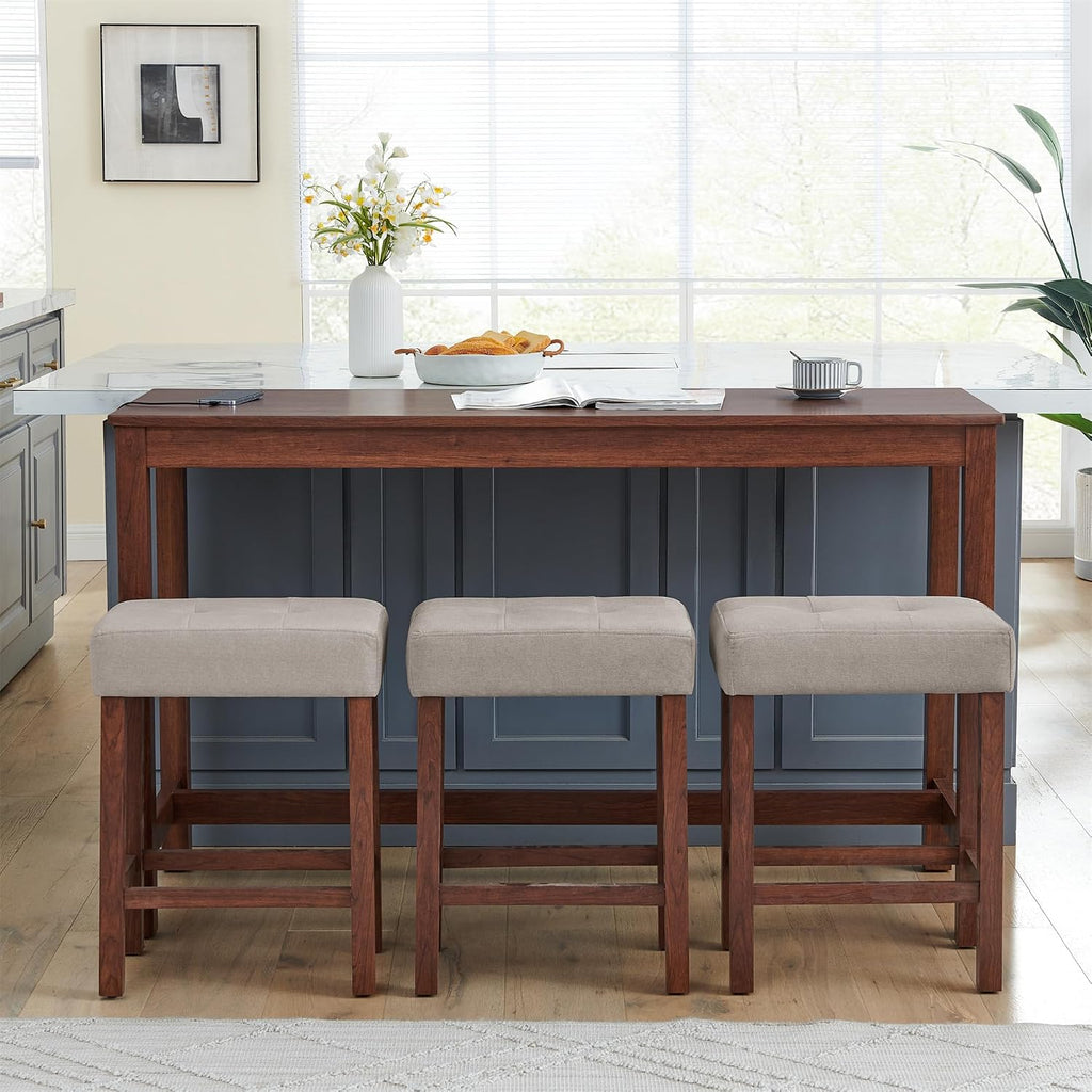 Merax 59 Inch Industrial Bar Table Set with Power Outlet & 3 Stools, Kitchen Dining Table with Charging Station, Counter Height Workstation for Small Space,Cherry