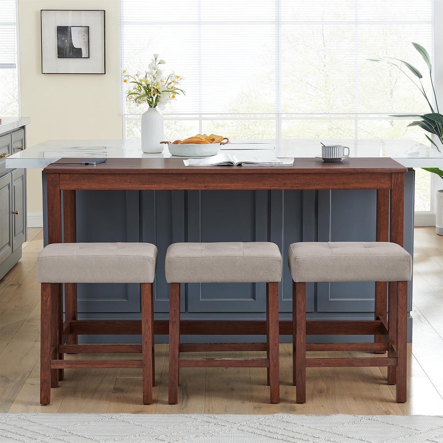 Merax 59 Inch Industrial Bar Table Set with Power Outlet & 3 Stools, Kitchen Dining Table with Charging Station, Counter Height Workstation for Small Space,Cherry