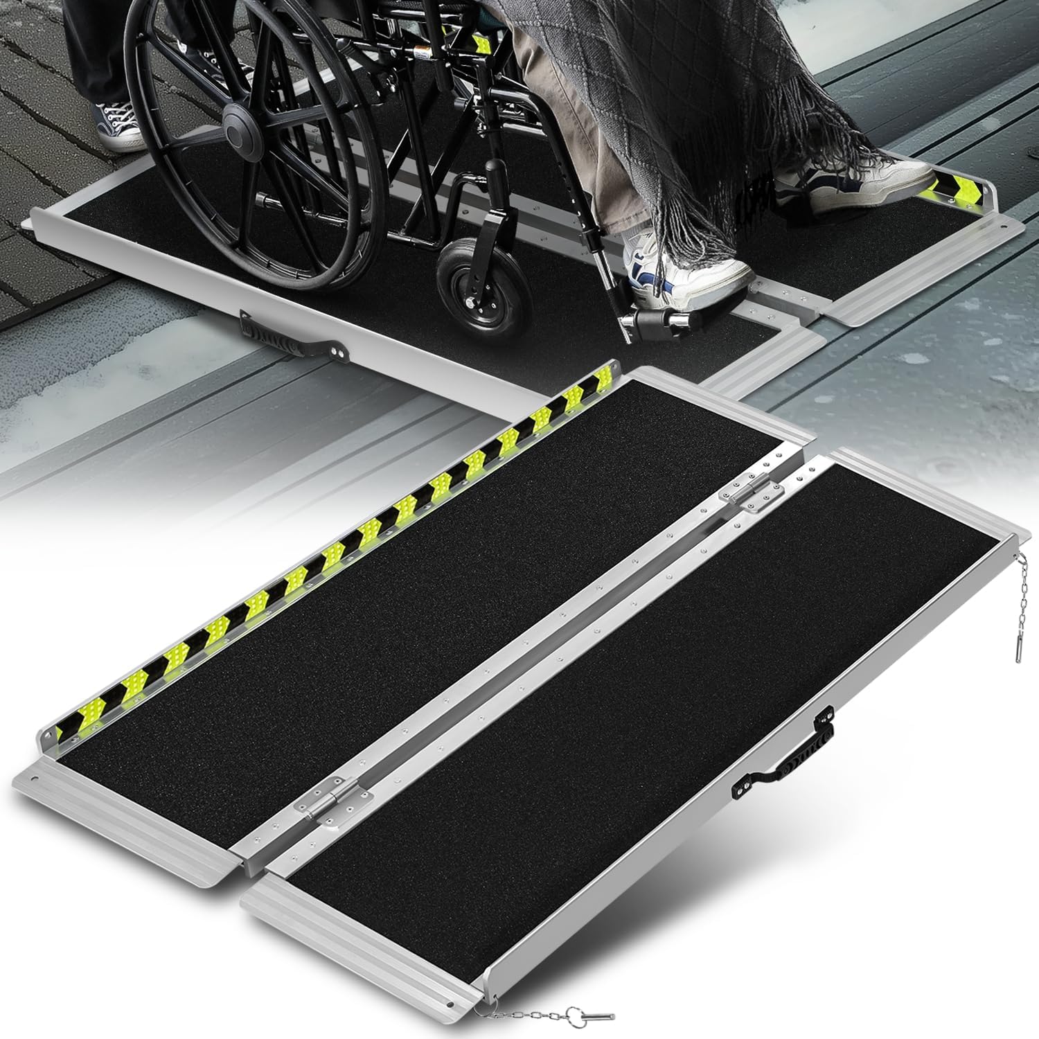 Auto Dynasty Wheelchair Ramp 4FT, Portable Folding Aluminum Wheel Chair Threshold Ramps for Home Steps Doorways, 800Lbs Capacity, 29Inch Width, Metallic/Black