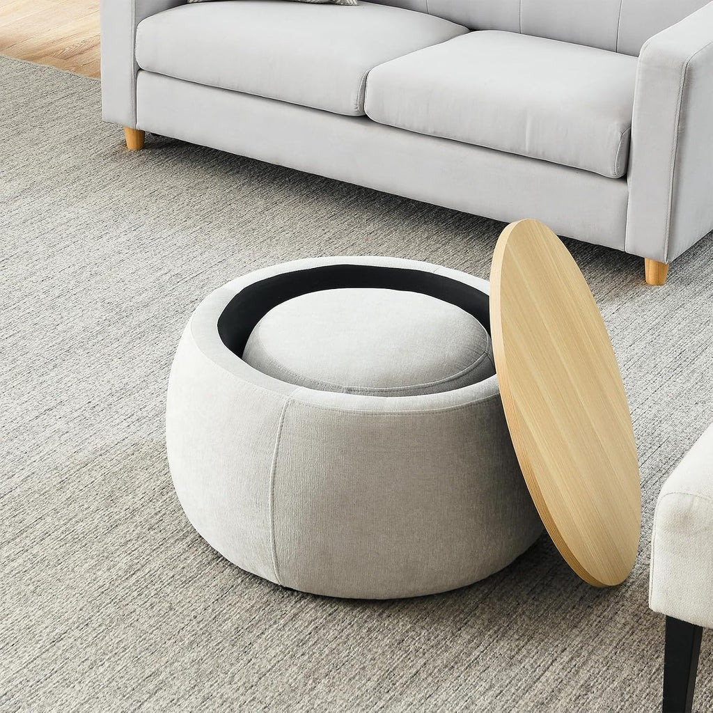 Round Ottoman with Storage Set, 25' +18' Circle Coffee Table Upholstered Nesting Modern End Table Footstool with Removable Wood Tray Chenille for Living Room No Assembly, Light Grey