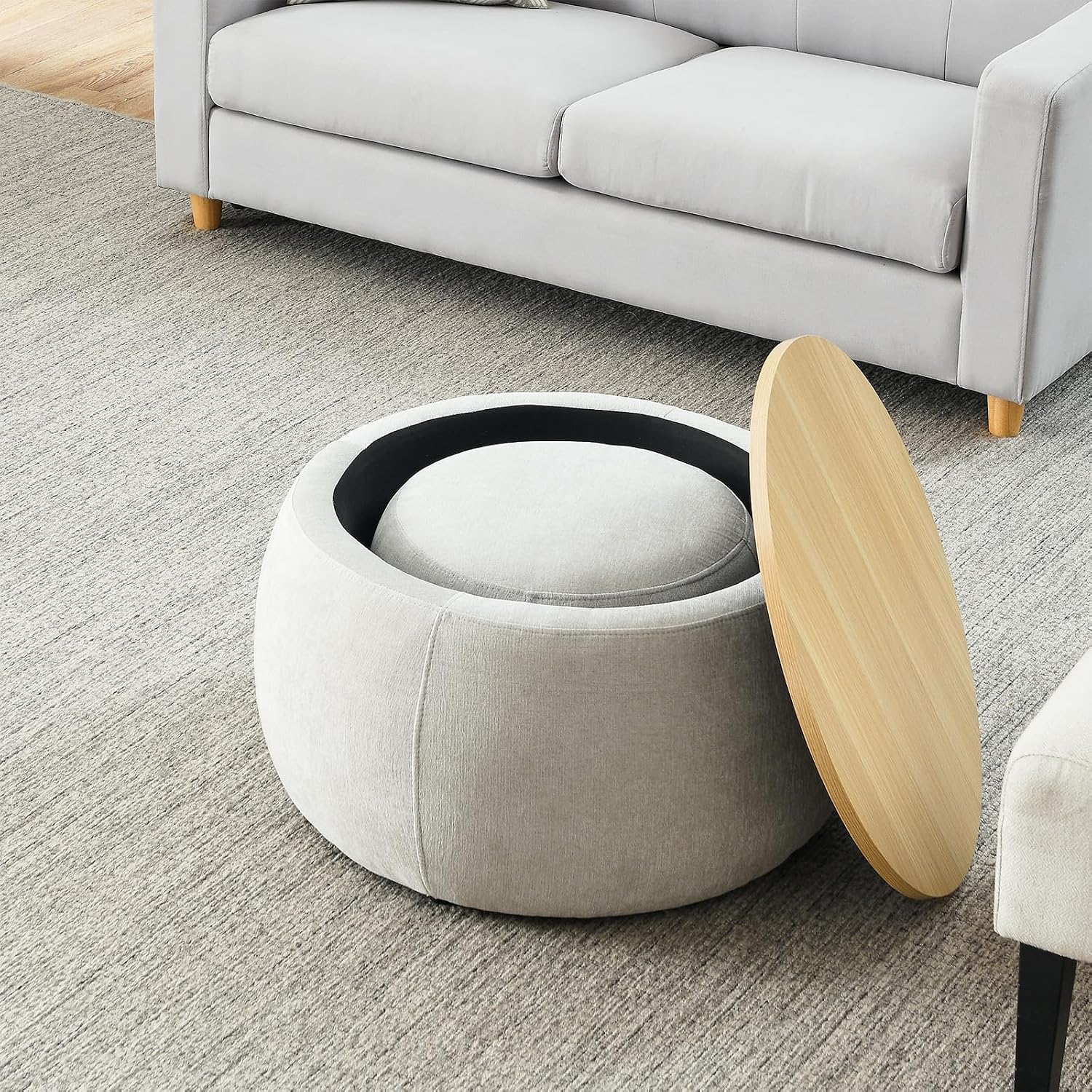 Round Ottoman with Storage Set, 25' +18' Circle Coffee Table Upholstered Nesting Modern End Table Footstool with Removable Wood Tray Chenille for Living Room No Assembly, Light Grey