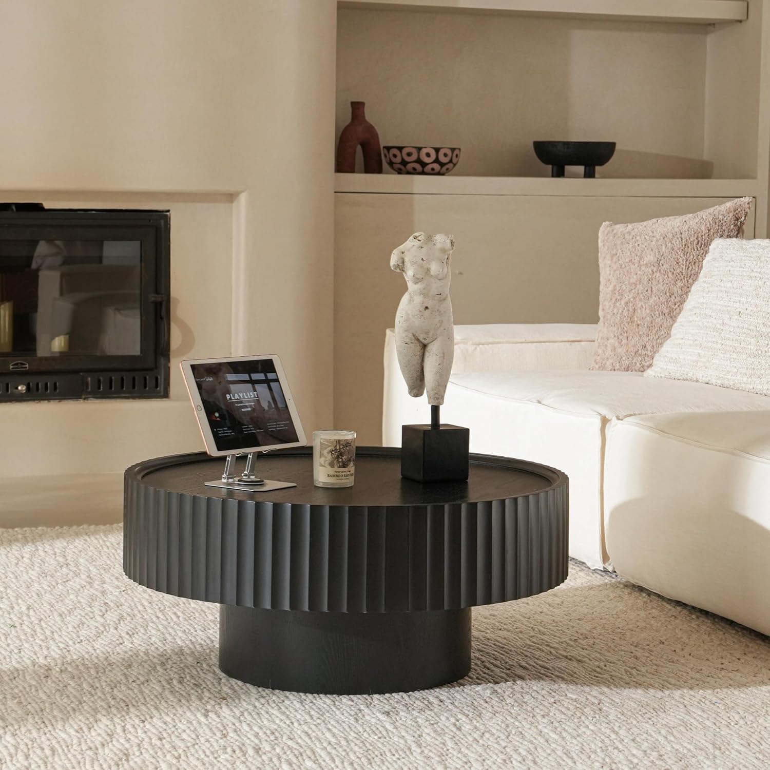 Round Coffee Table, 30.3in Modern Living Room Table, Fluted Drum Circle Tea Table with Storage, Accent Center Tables for Living Room, Apartment, Small Space (Black)