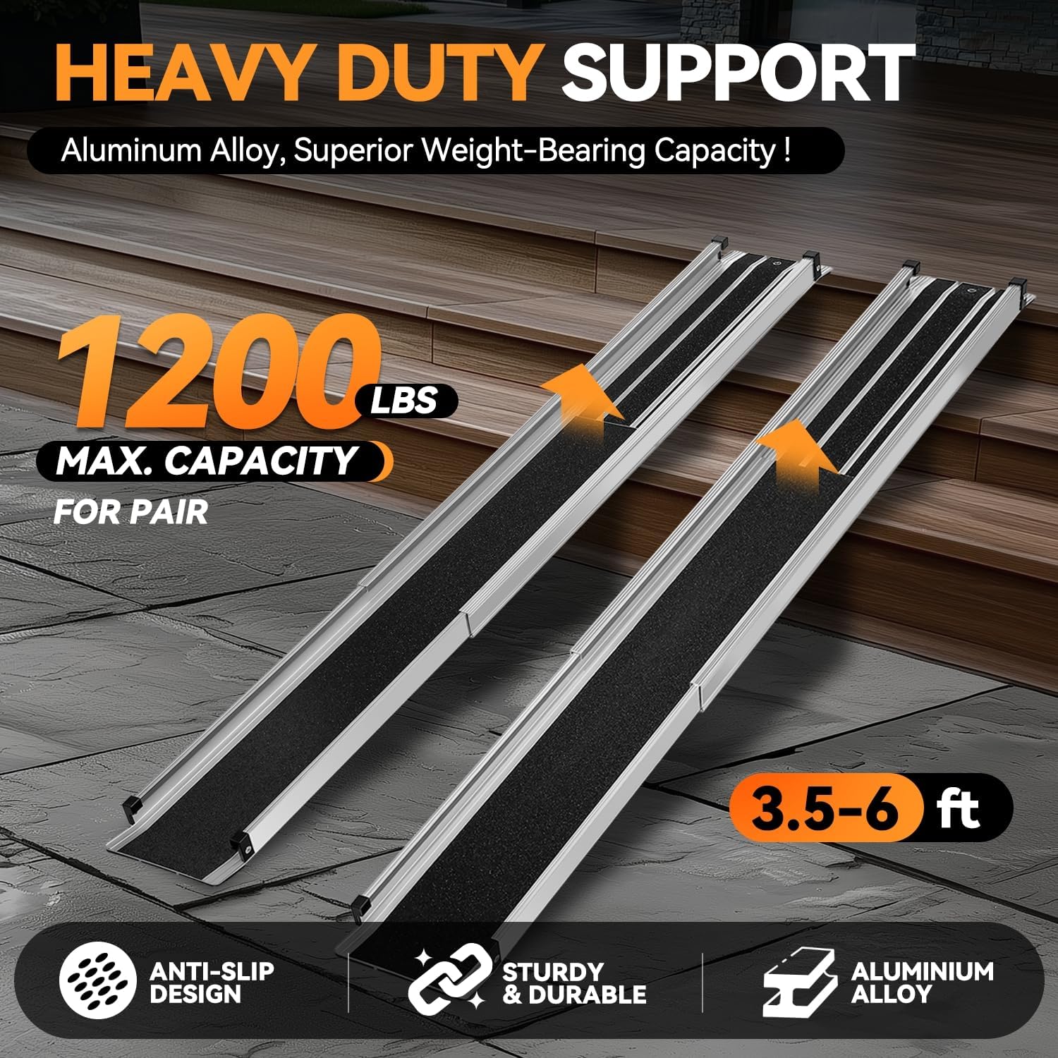 Auto Dynasty 6FT Adjustable Wheelchair Ramp, Portable Telescoping Folding Aluminum Wheel Chair Threshold Ramps for Home Steps Doorways, 72' L x 7.4' W, 1200Lbs Capacity (2 Pack)