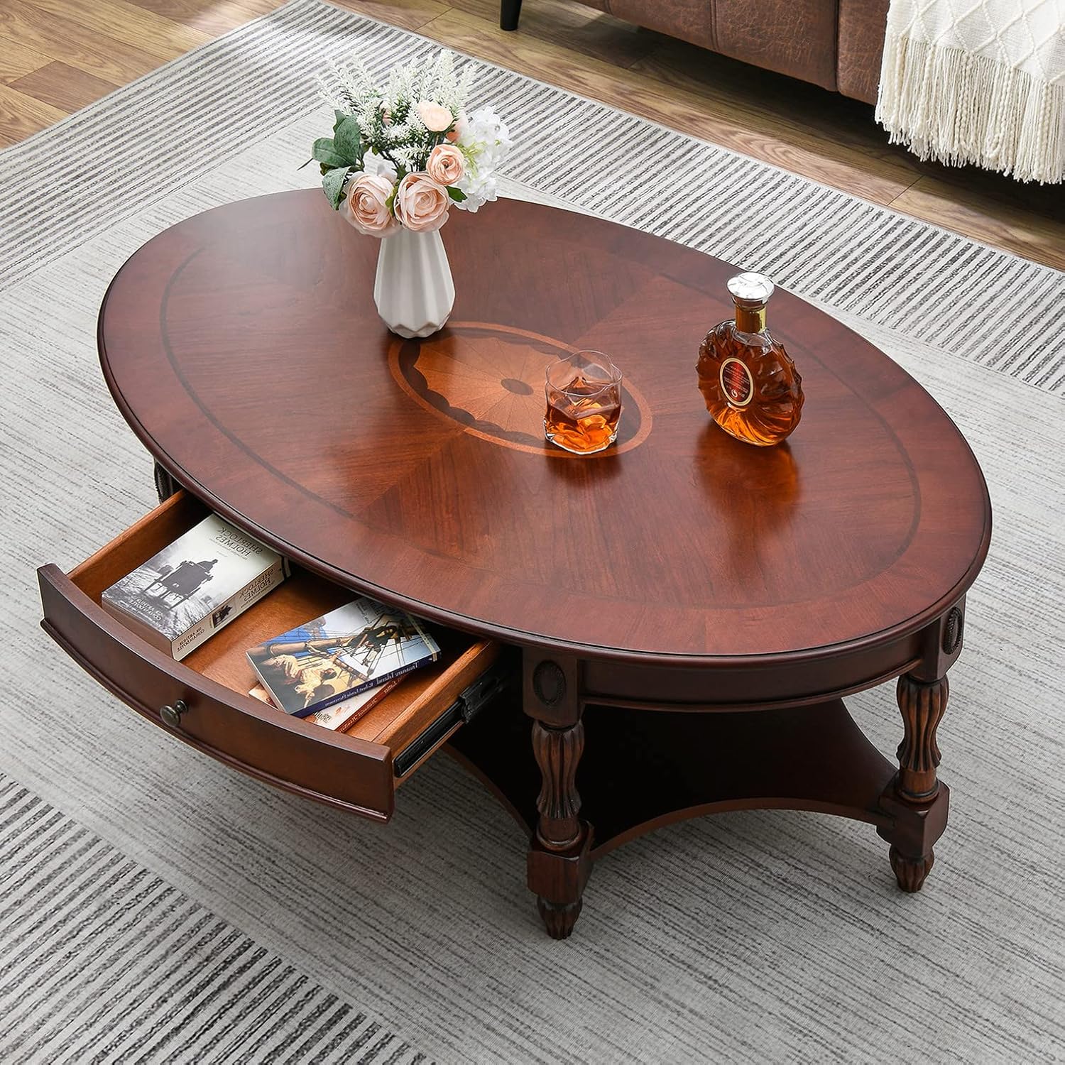 Solid Wood Coffee Table with Drawer and Storage Shelf, Traditional Living Room Cocktail Tea, Oval Center Carvings Side Vintage 46''Lx 29''Wx18.2''H Cherry Walnut KFZ1533WD-DR