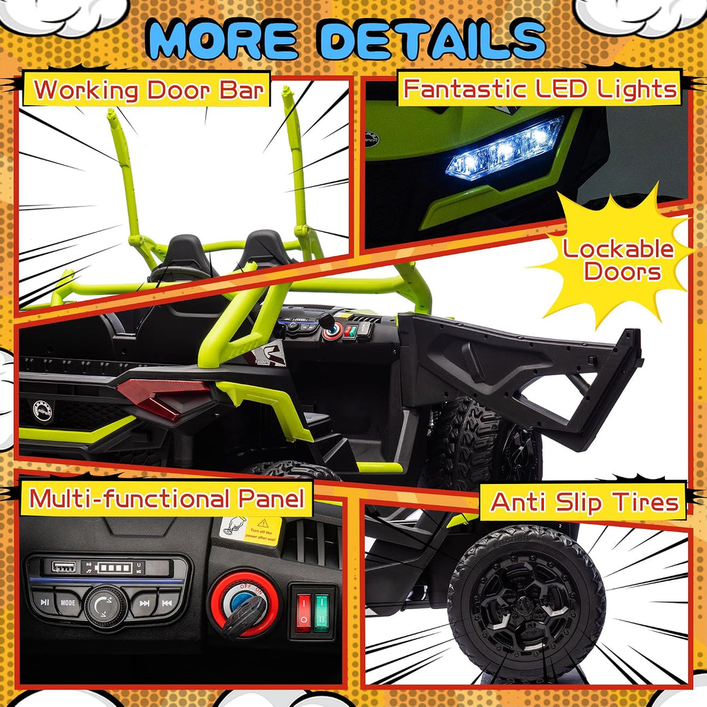 wanan XL 24V 10AH Ride on Toys for Big Kids Real 2-Seater, 4x4 4WD Motor Ride on Car Kid UTV for Kids 3-8, Remote Control, Bluetooth Music, 4 Spring Suspension, 22' Spacious Seats (Green)