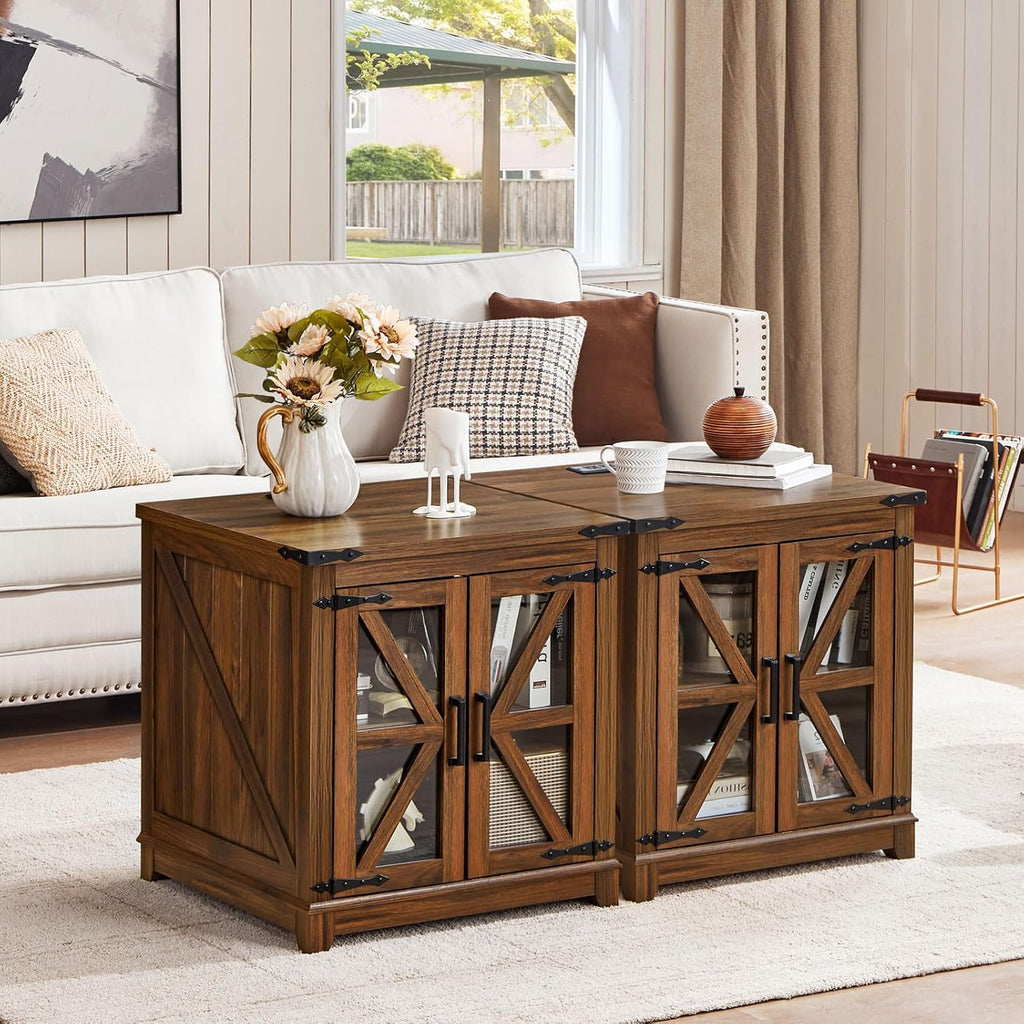 Farmhouse End Table Set of 2,24' Large Sofa Side Table with Charging Station Glass Barn Door,Wood Nightstand with Adjustable Storage Shelf,Square Bedside Table for Living Room,Bedroom,Office-Brown